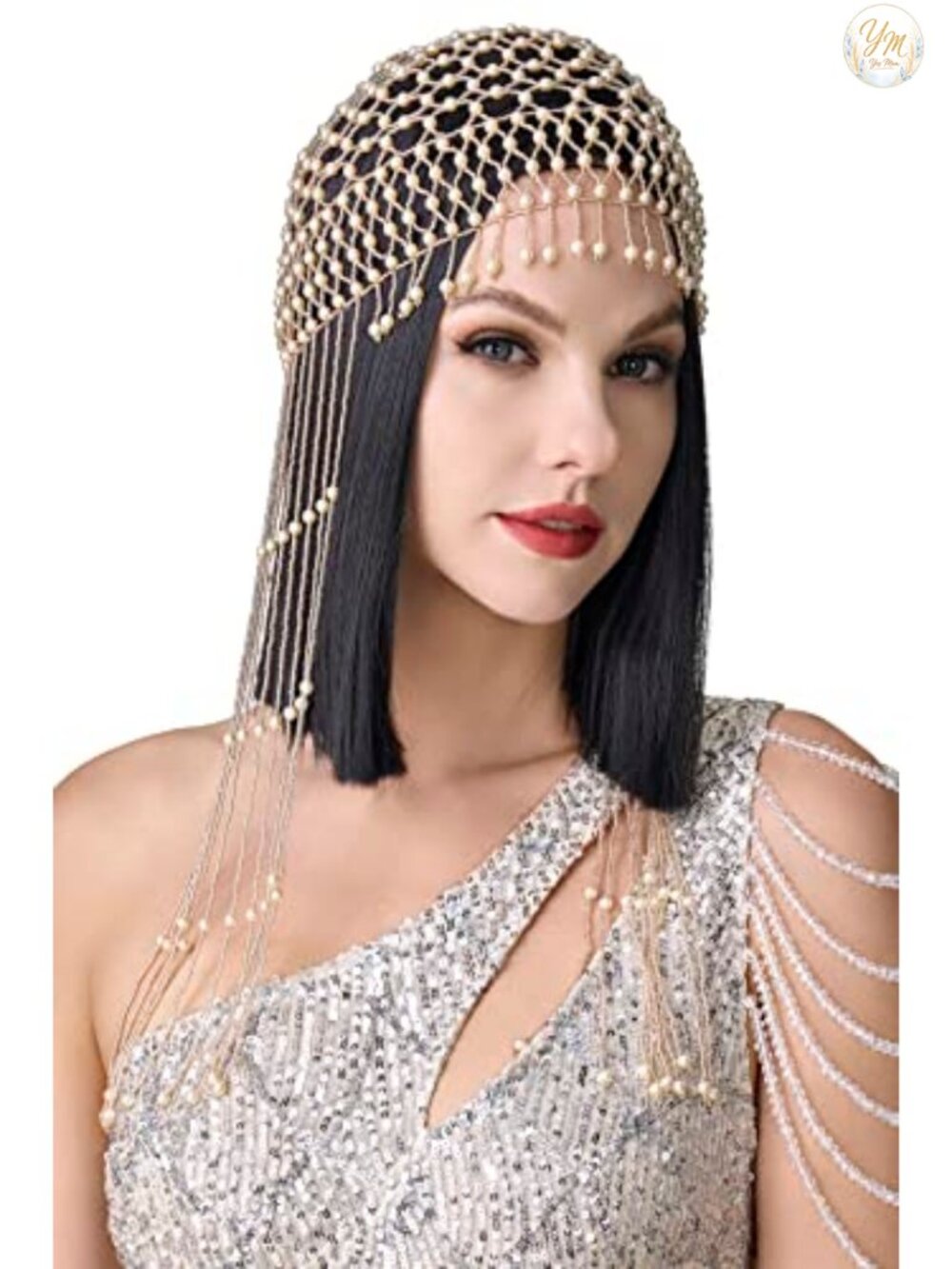 1920s Pearl Flapper Cap Headpiece Gatsby Beaded Fringe Tassels One Size